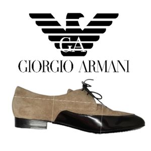 Giorgio Armani Vintage Tan Suede Oxfords & Black Patent Leather Trim Itaian 40